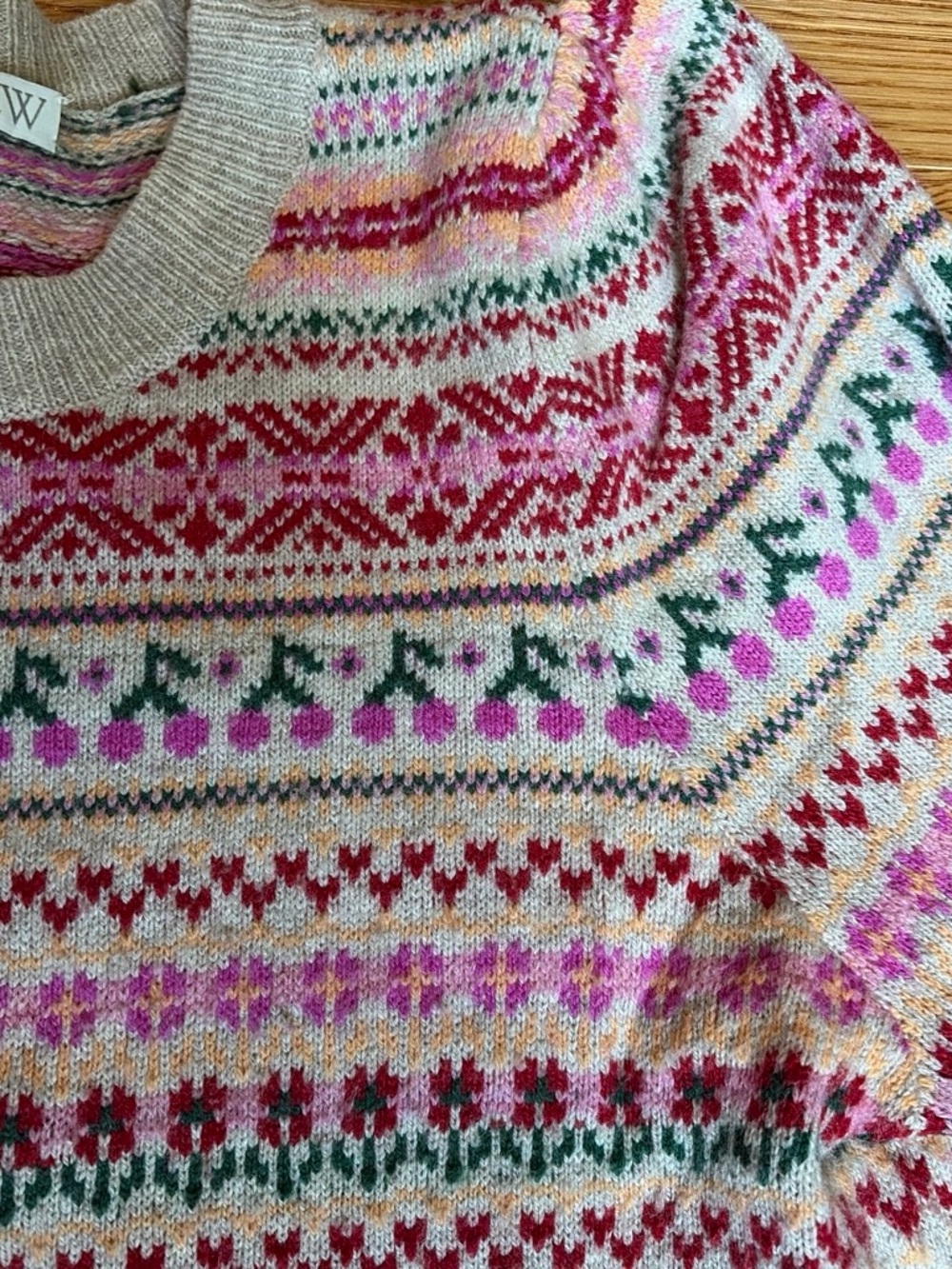 J. Crew Cream Fair Isle Crewneck Sweater with Pink, Red & Green Accents - Picture 3 of 3